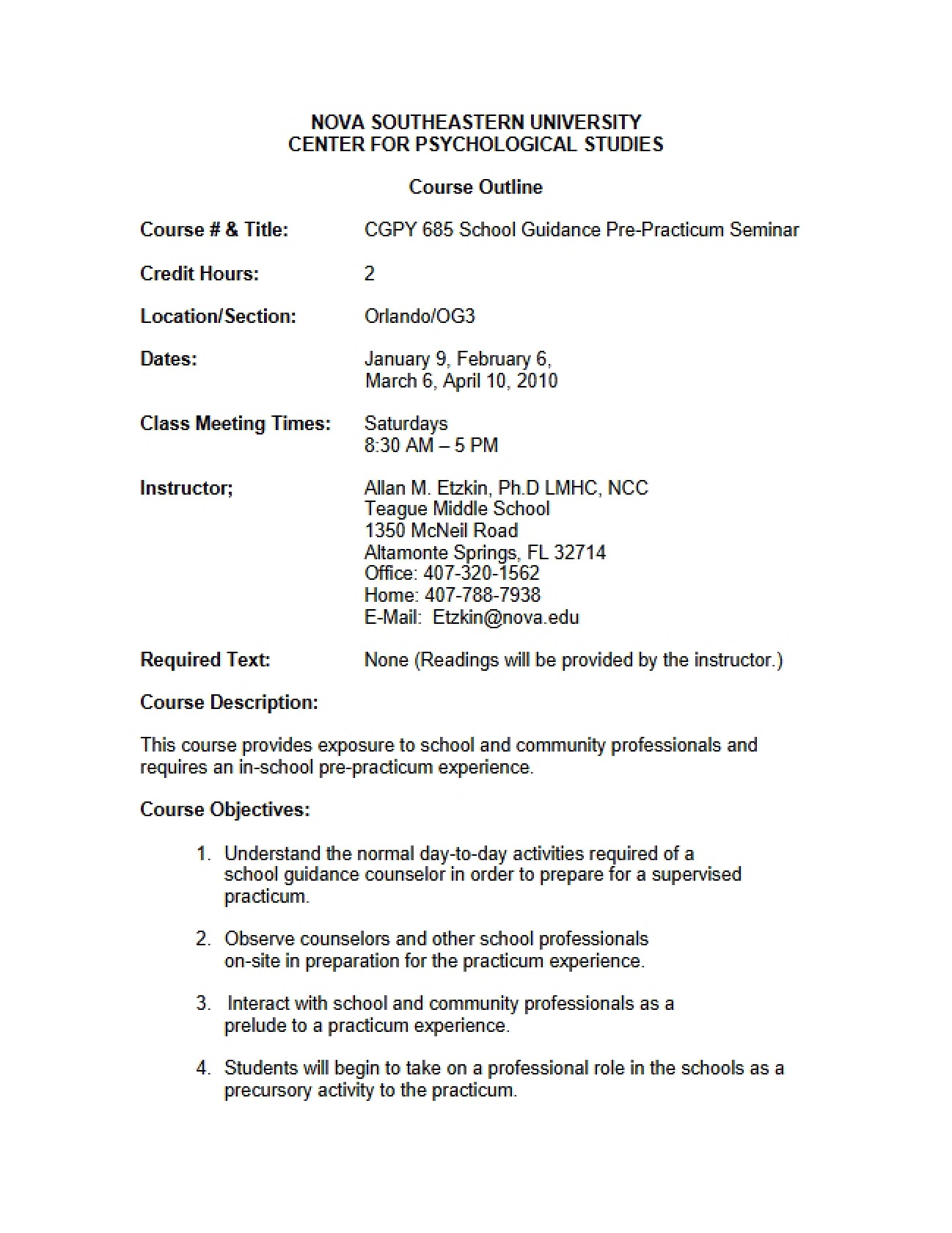 School Guidance Pre-Practicum Seminar Outline