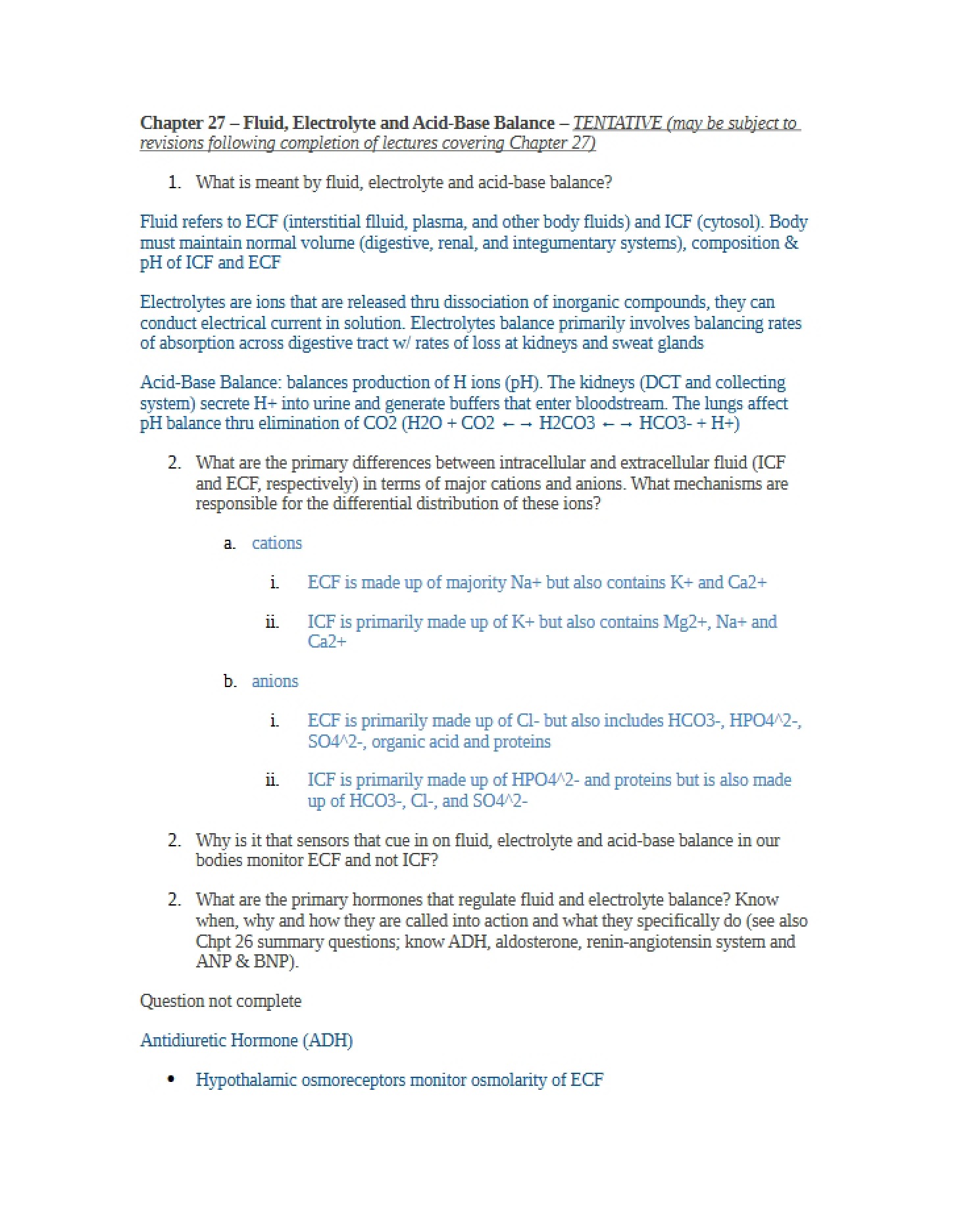 Study Guide Fluid (Ch 27)