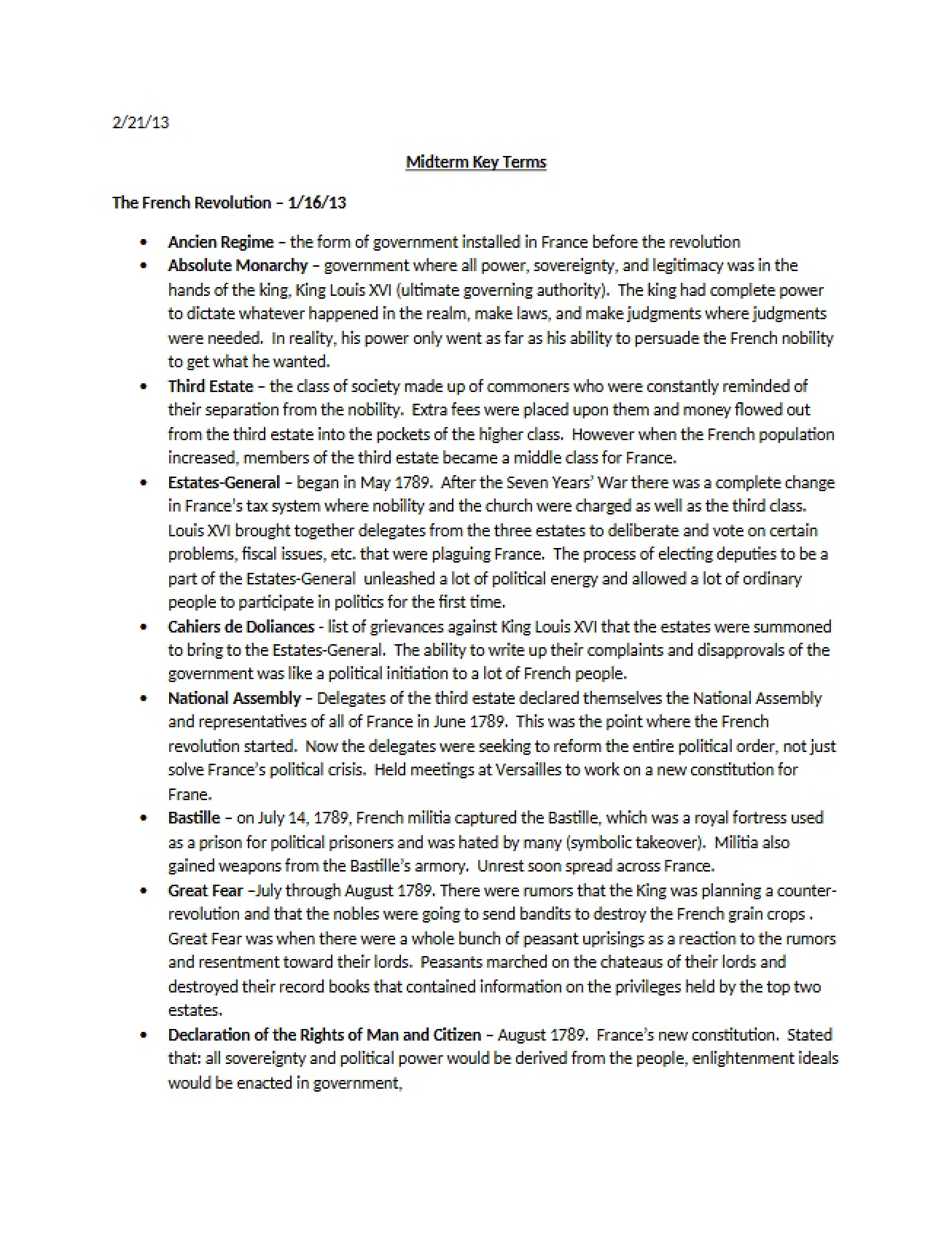 Key Terminology for the Midterm Exam