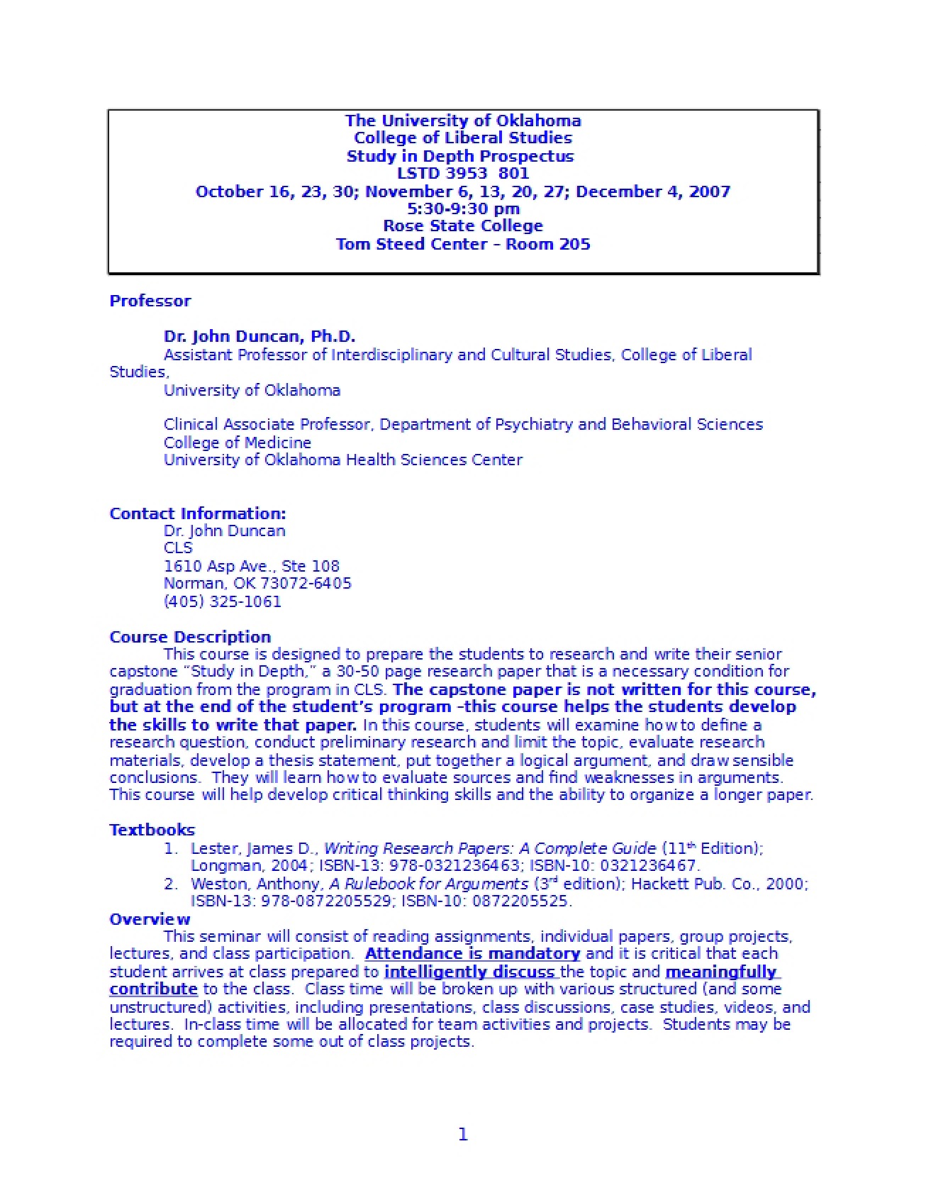 Study-In-Depth Prospectus Outline