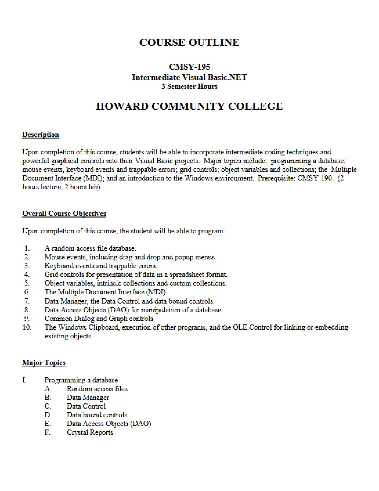 Intermediate Visual Basic.net Outline