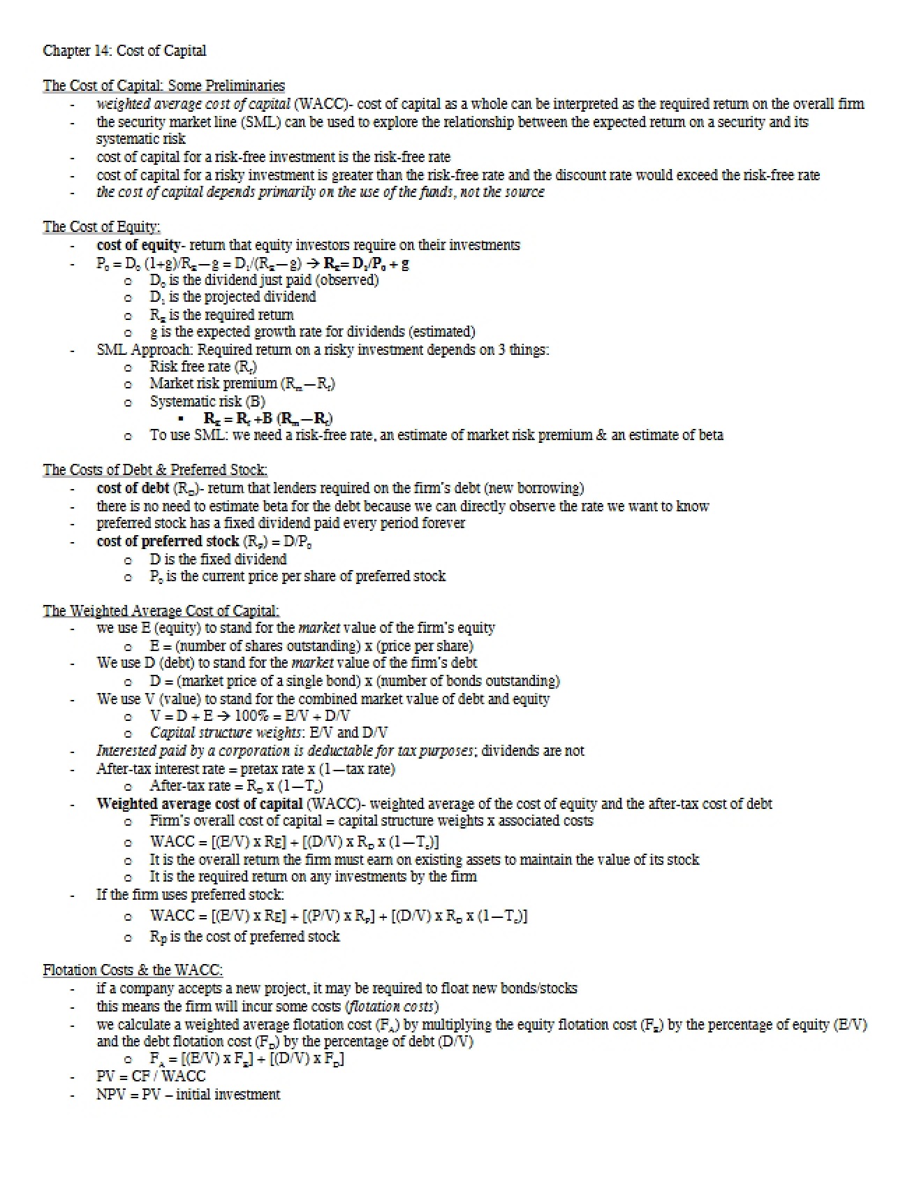 Cost of Capital (Chapter 14)
