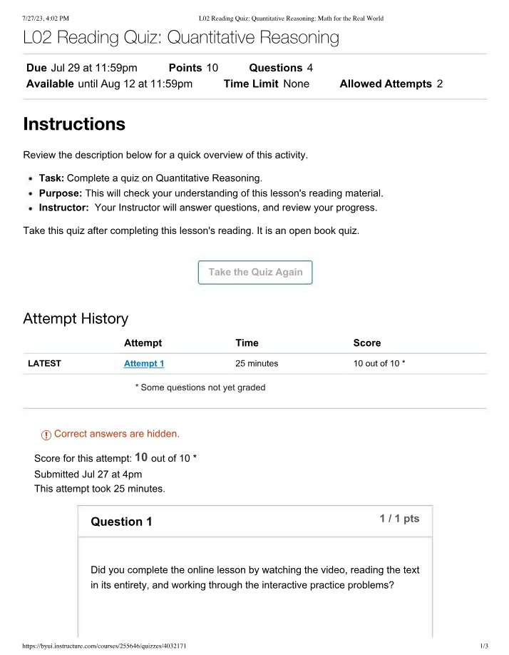 Quantitative Reasoning - Math for the Real World (Reading Quiz)