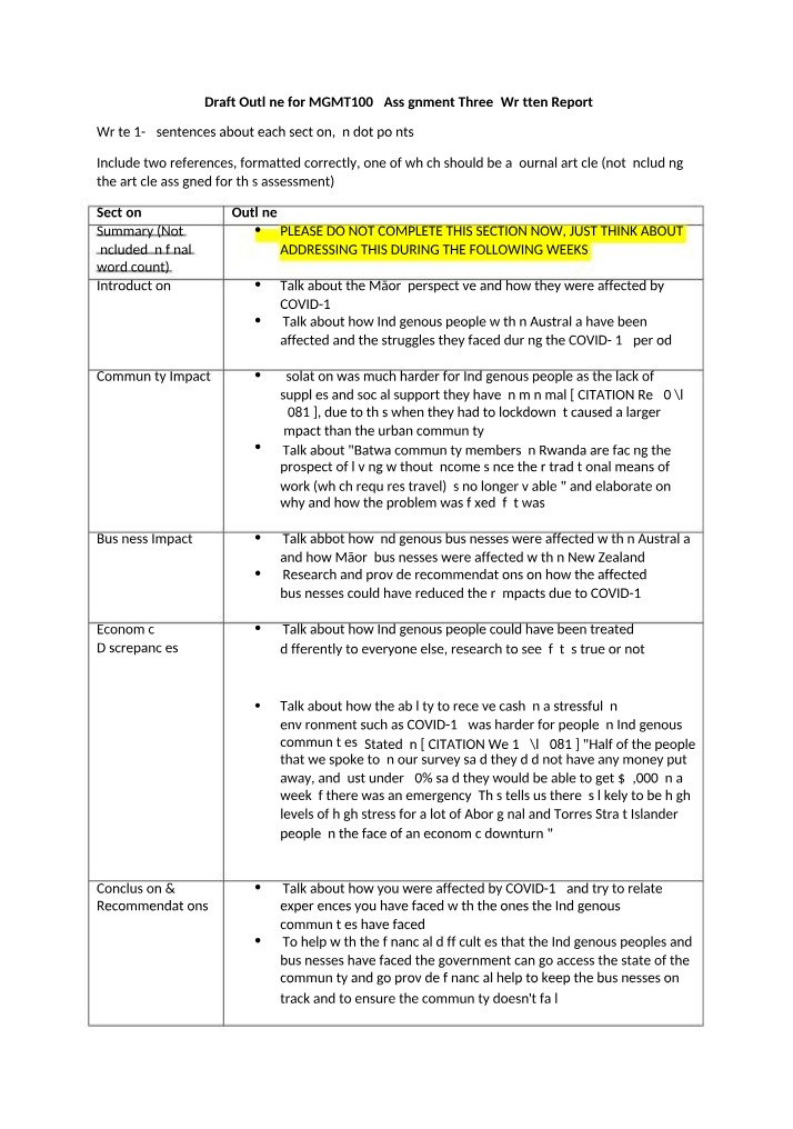 Written Report Outline - MGMT1002 Assignment Three