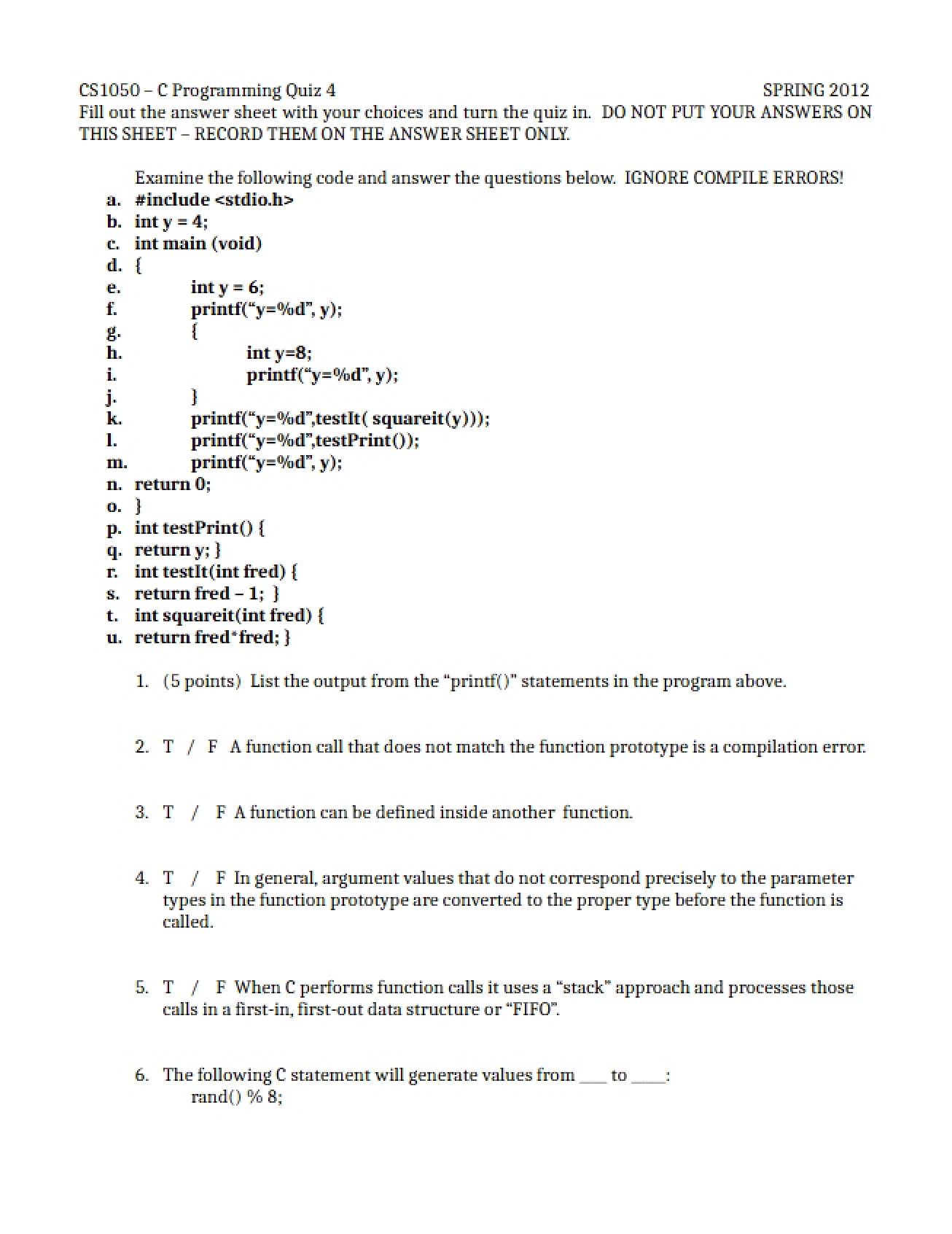 Quiz 4 A (CS1050)