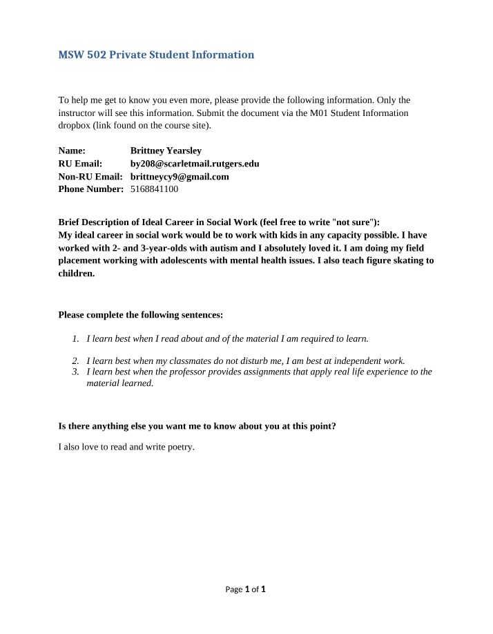 Private Student Information for MSW 502
