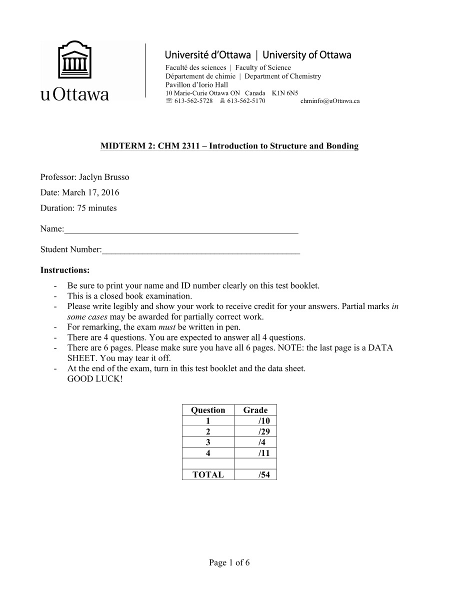 Midterm 2 for CHM2311