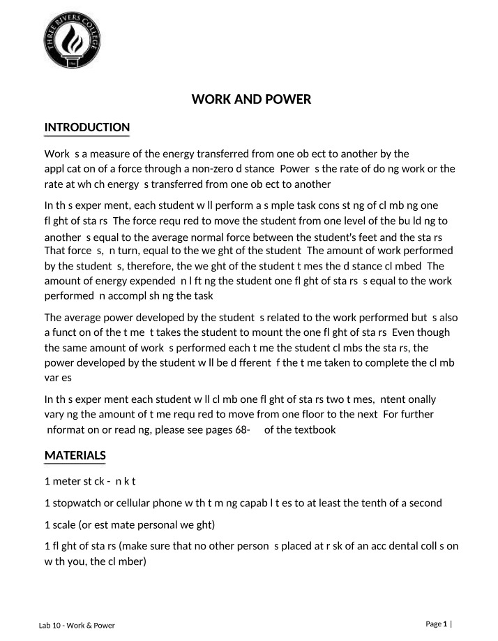 Work and Power Lab 10
