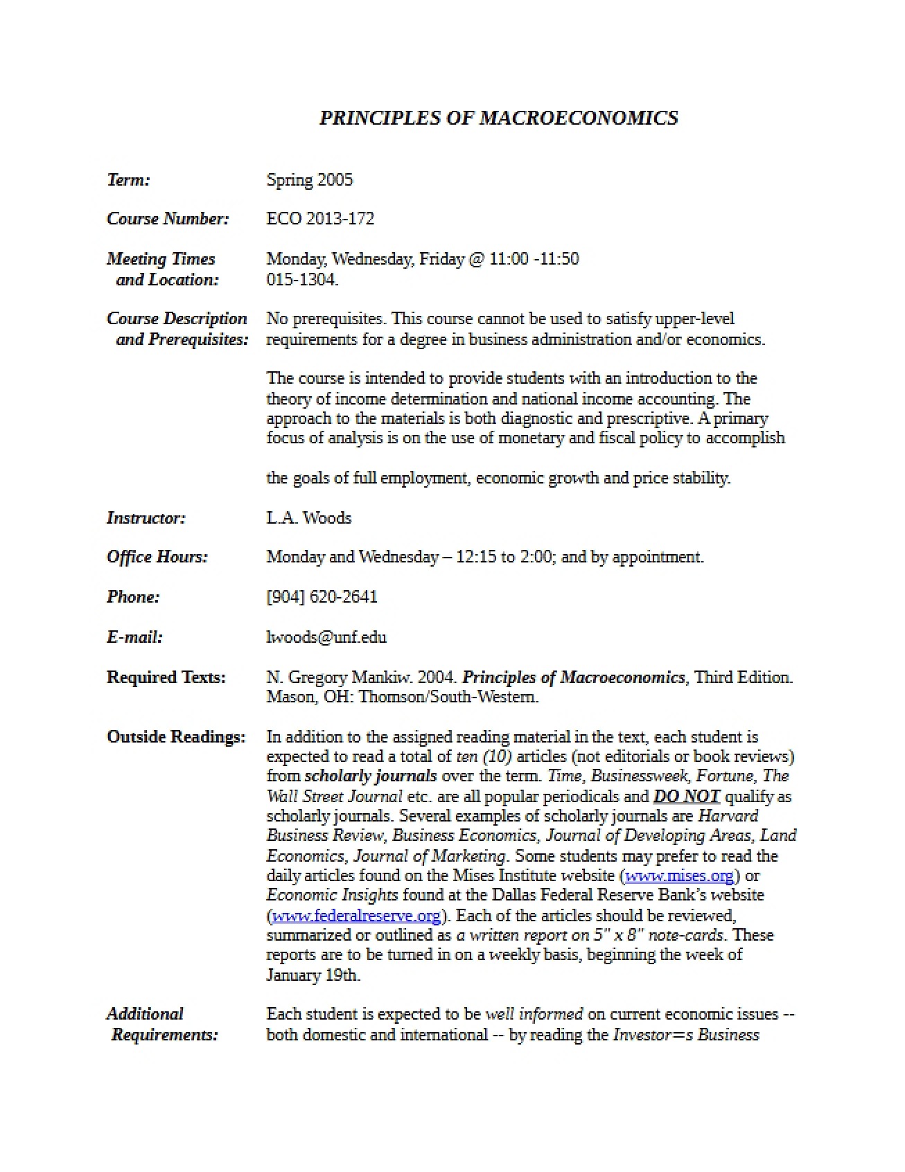 Course Outline for Macroeconomics