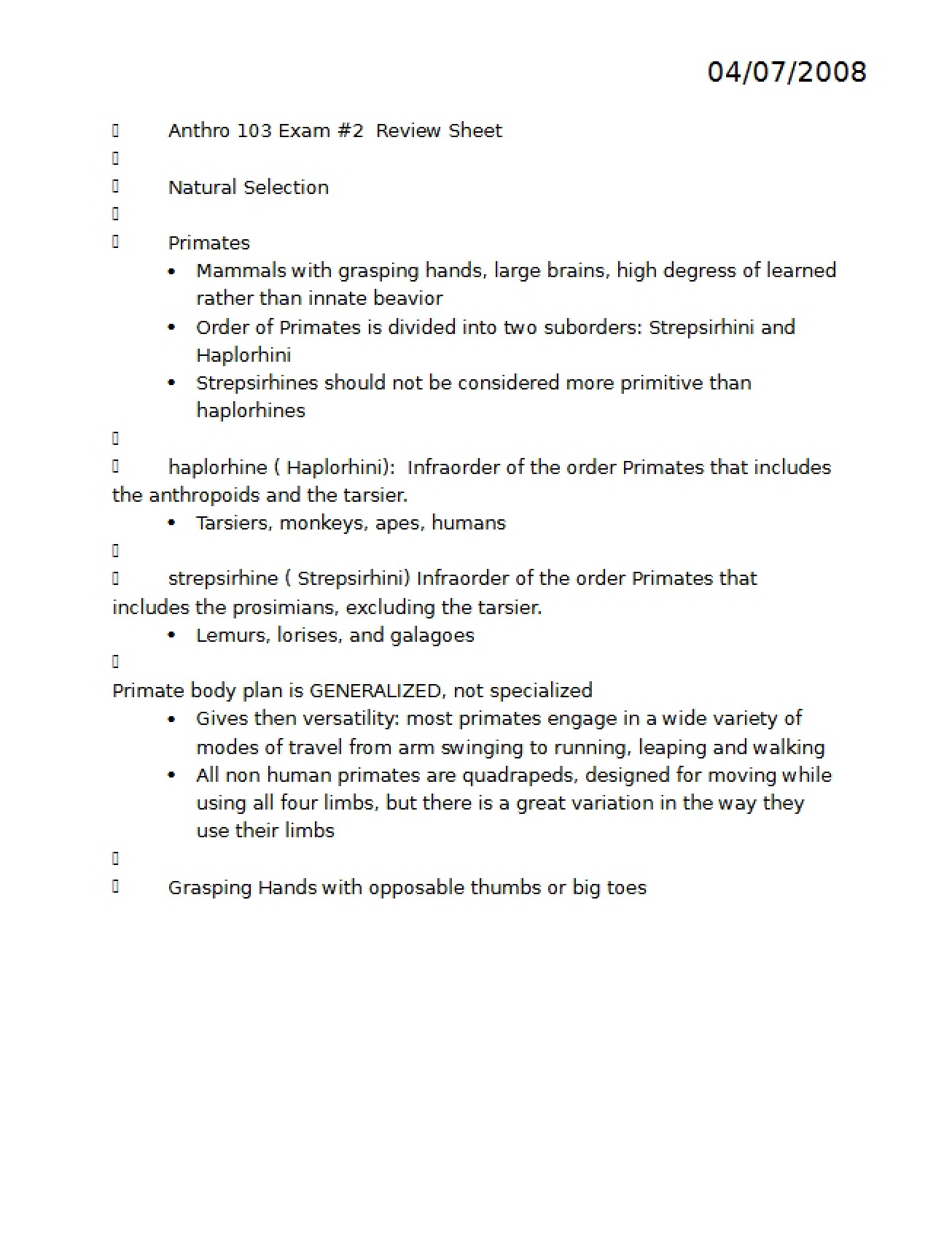 Review Sheet Exam Two (Human Origins)
