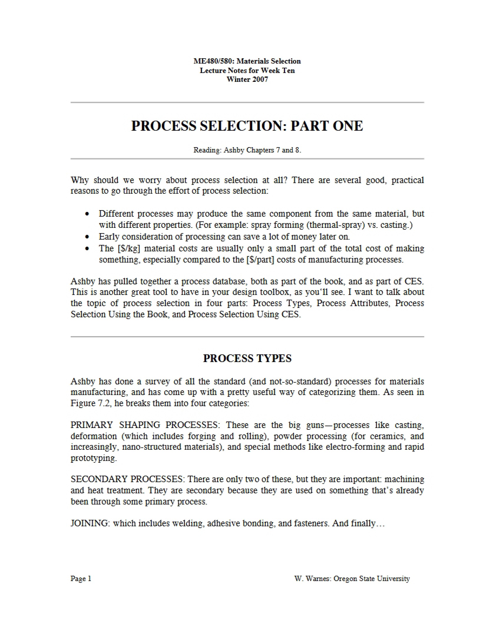 Materials Selection Lecture Notes