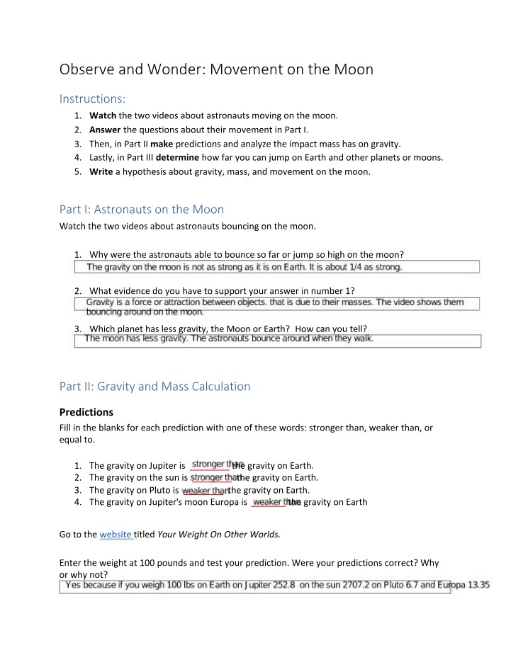 Gravity, Mass, and Calculations - Movement on the Moon