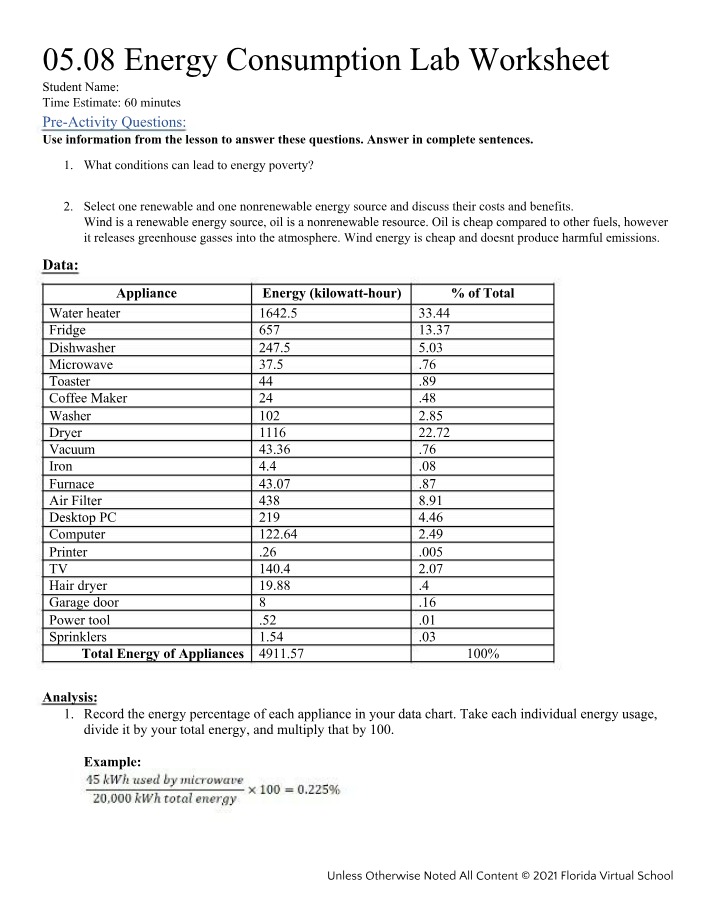 Lab Analysis of Energy Consumption