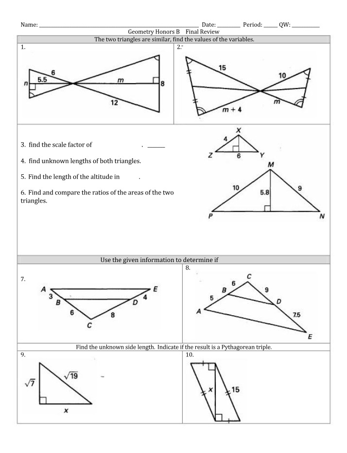 Geometry Honors B Final Review Worksheet