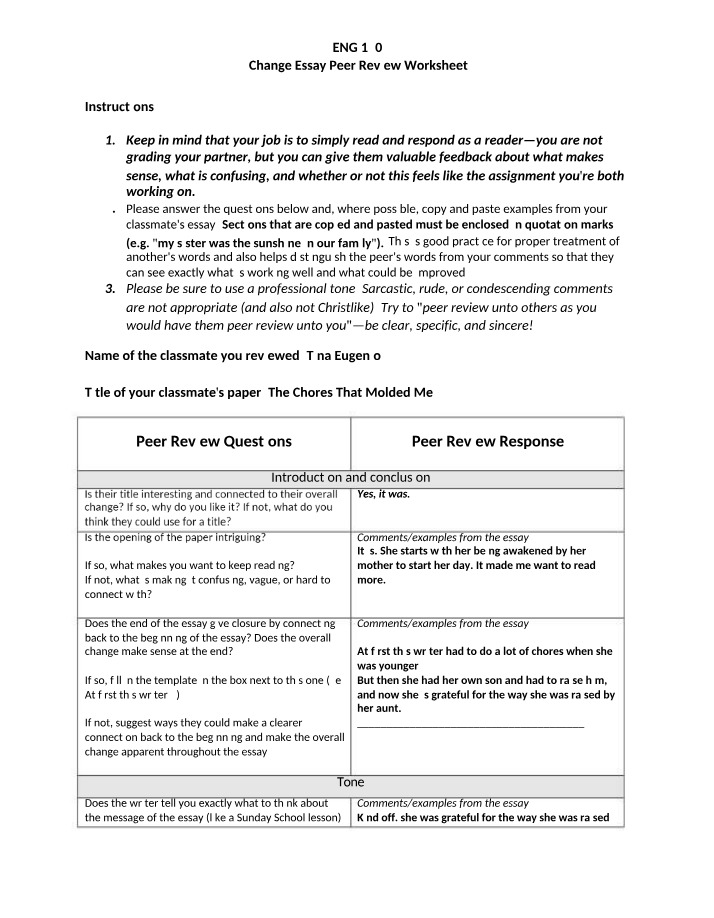 Peer Review Worksheet for Change Essay