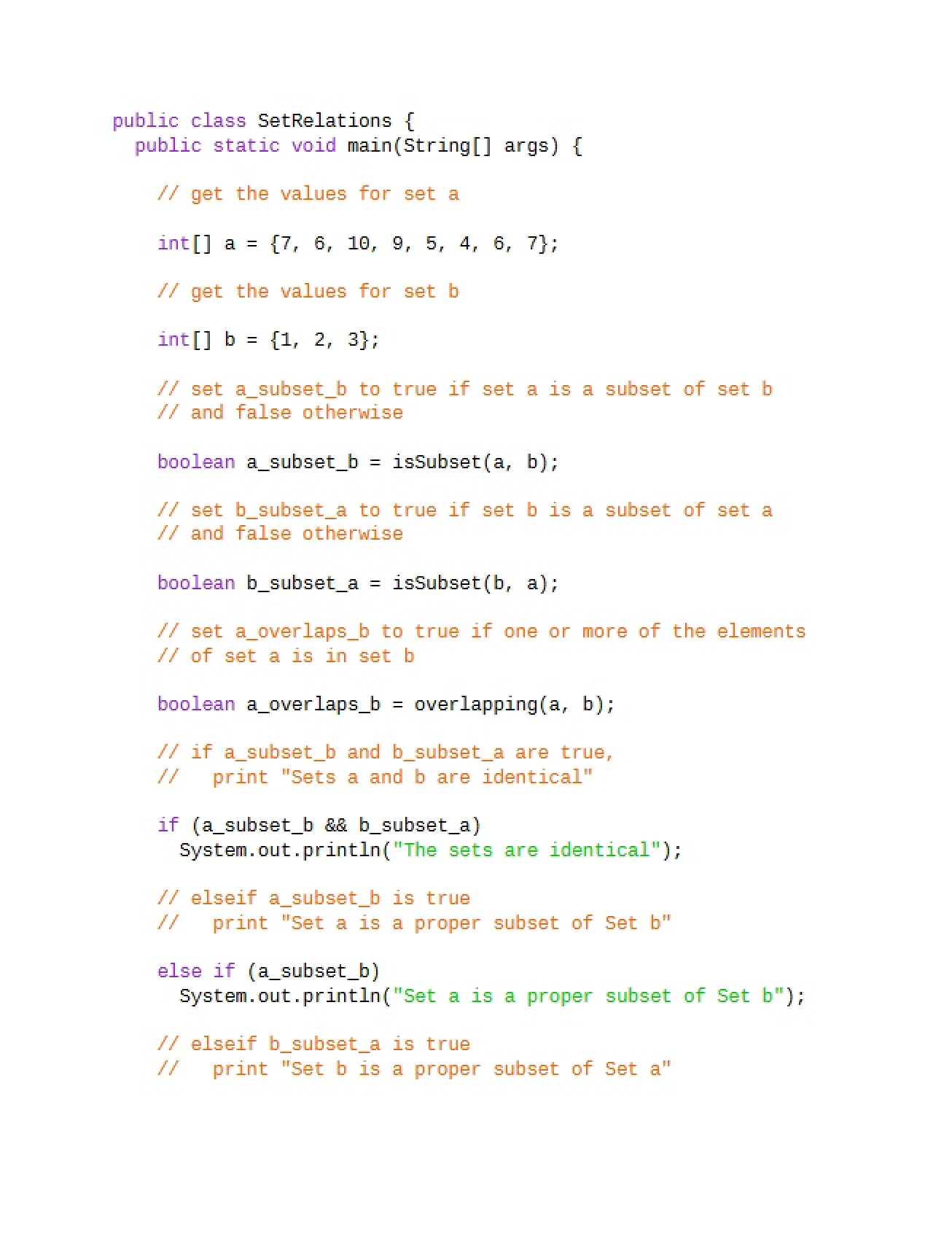 Java Code for Set Relations