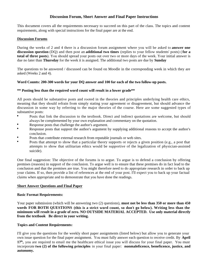 Final Paper, Short Answer, and Discussion Forum Instructions
