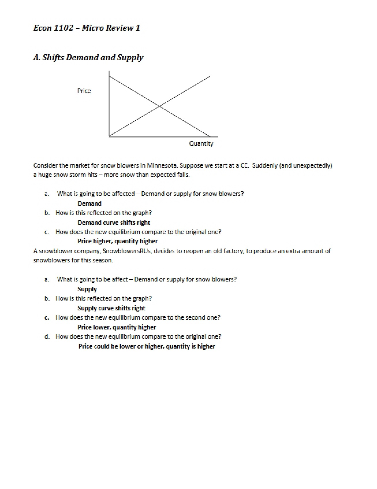 Answer Key for Microeconomics Review 1