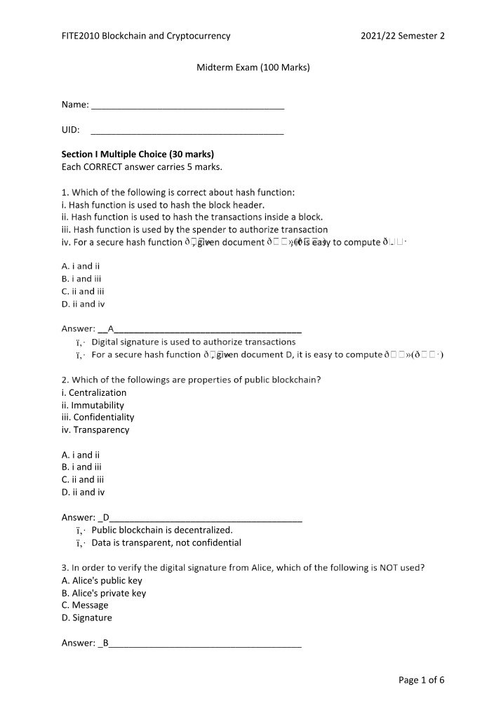 FITE2010 Midterm Exam - Blockchain and Cryptocurrency