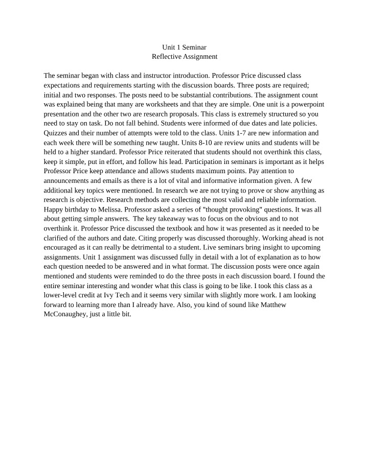 Reflective Assignment for Unit 1 Seminar