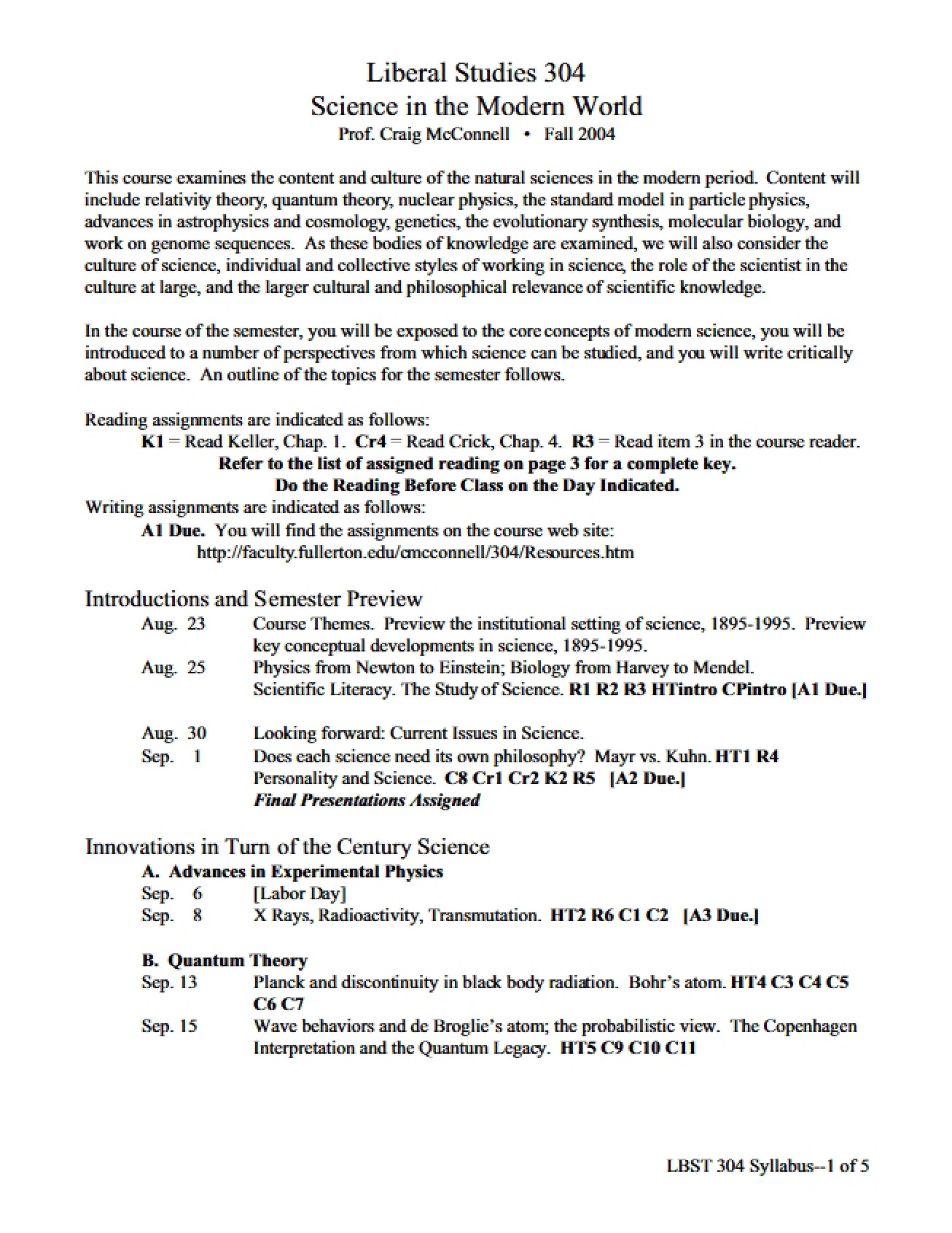 Syllabus for Liberal Studies in Sciences