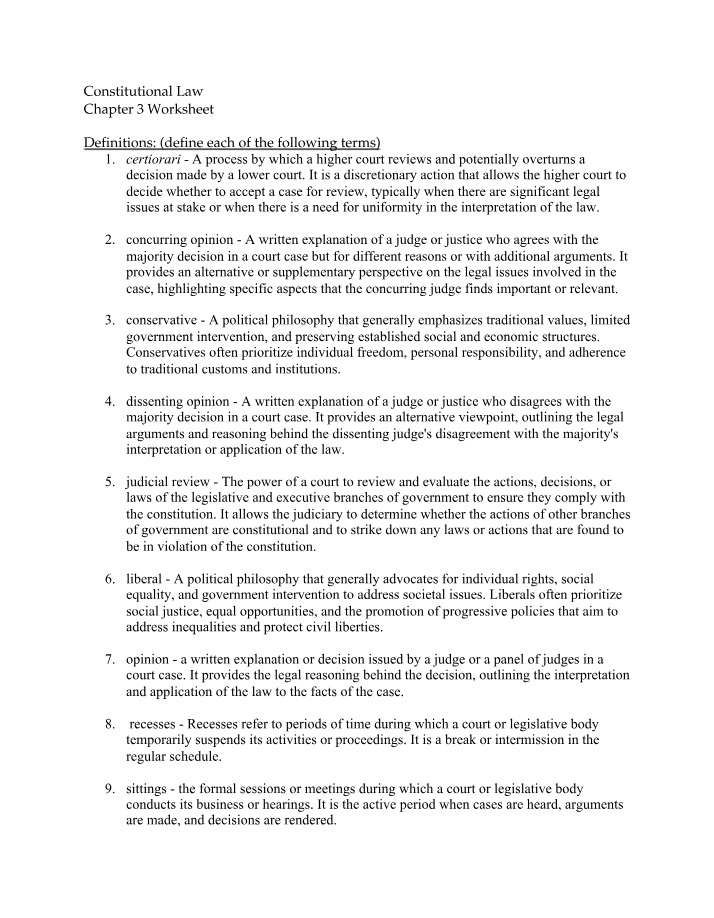 Worksheet for Constitutional Law Chapter 3
