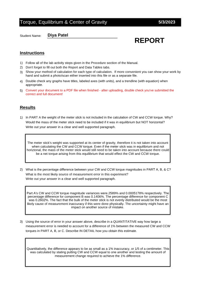 Lab Report - Torque, Equilibrium, and Center of Gravity