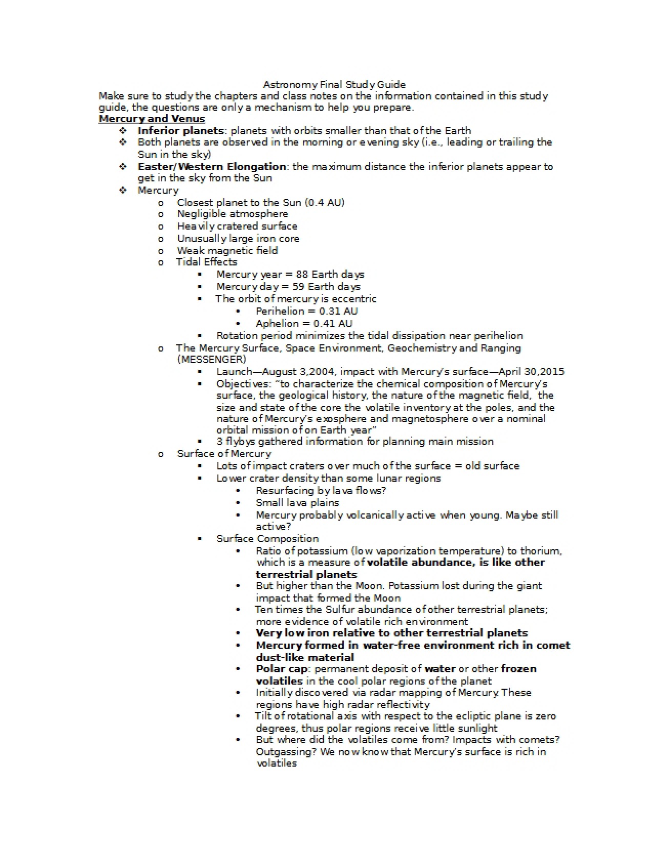 Study Guide for Astronomy Final