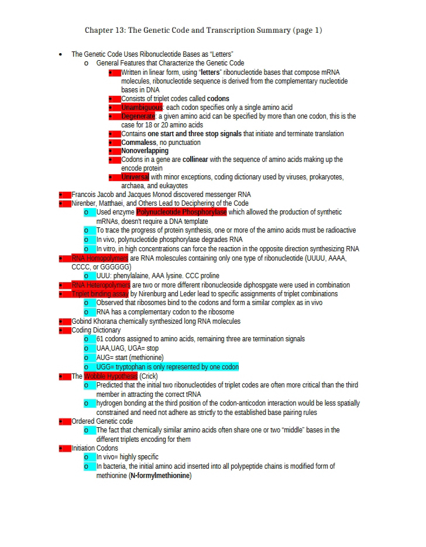 Transcription and Genetic Code Summary (Ch 13)