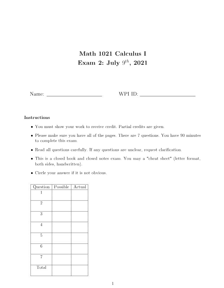 Calculus I Exam 2 Solutions - July 9 2021