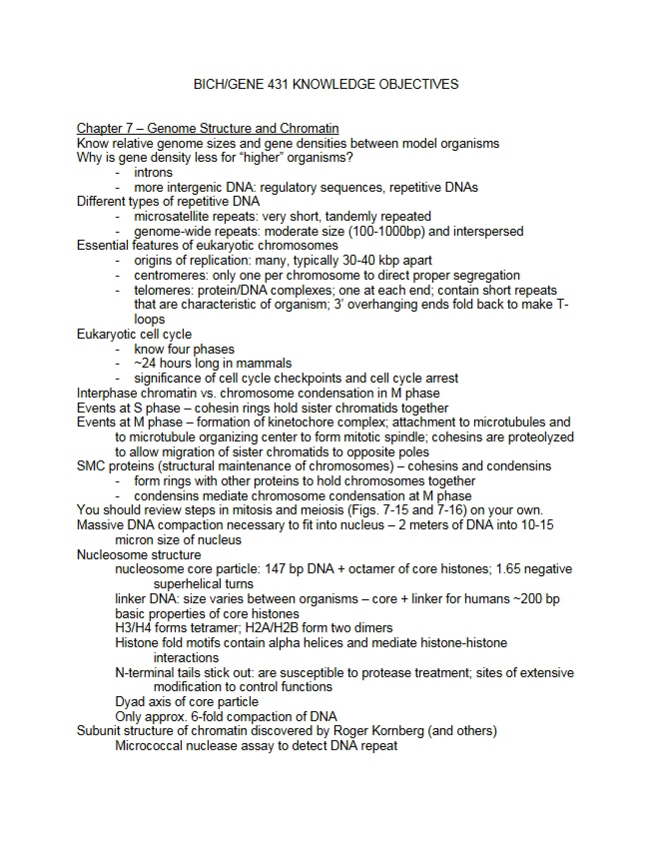 Set of Knowledge Objectives for Chapter 7 of Molecular Genetics