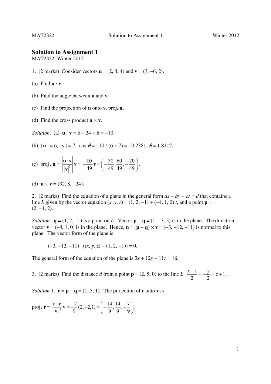 Assignment 1 Solutions - MAT 2322 Winter 2012
