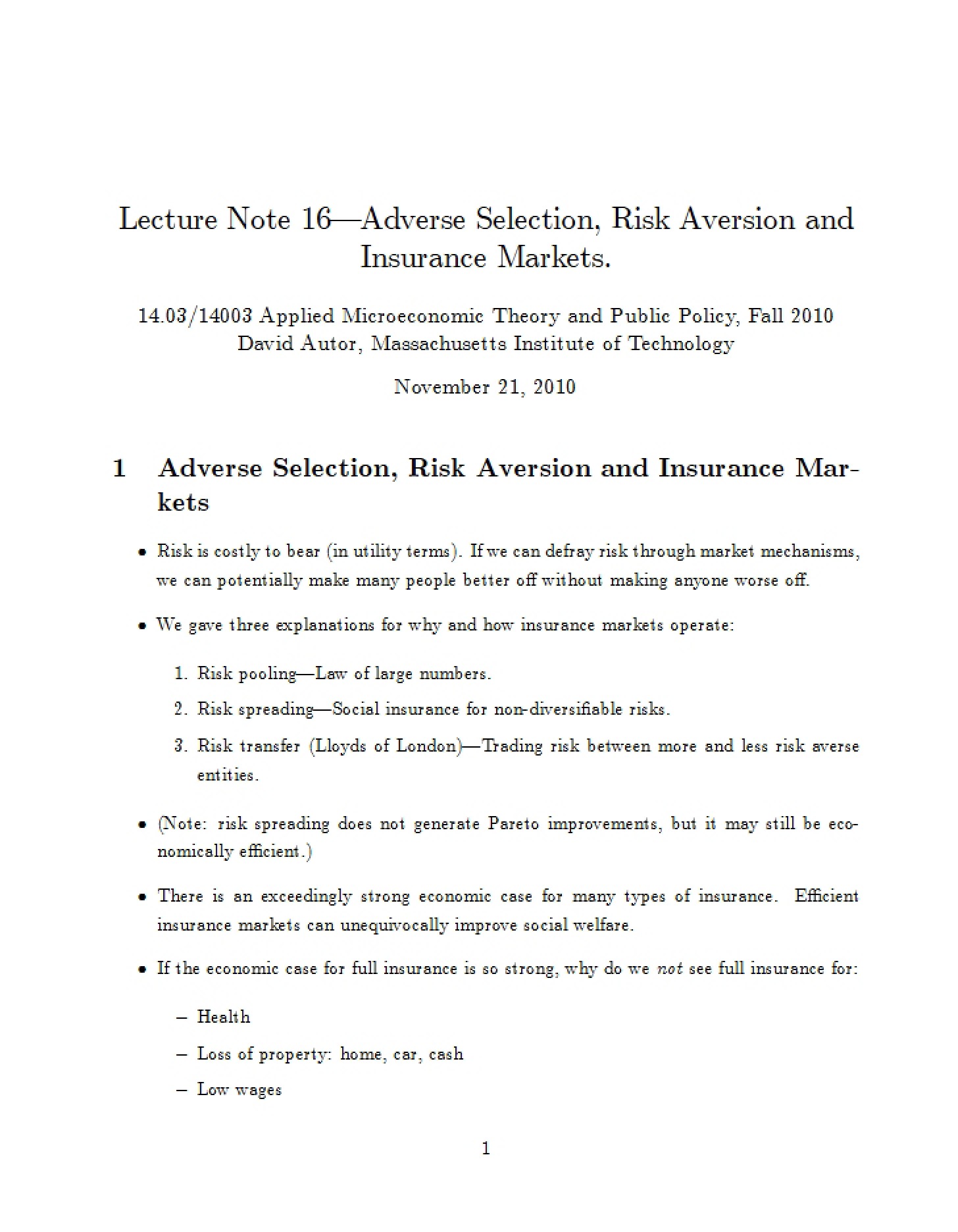 Insurance Markets Risk AversionAdverse Selection