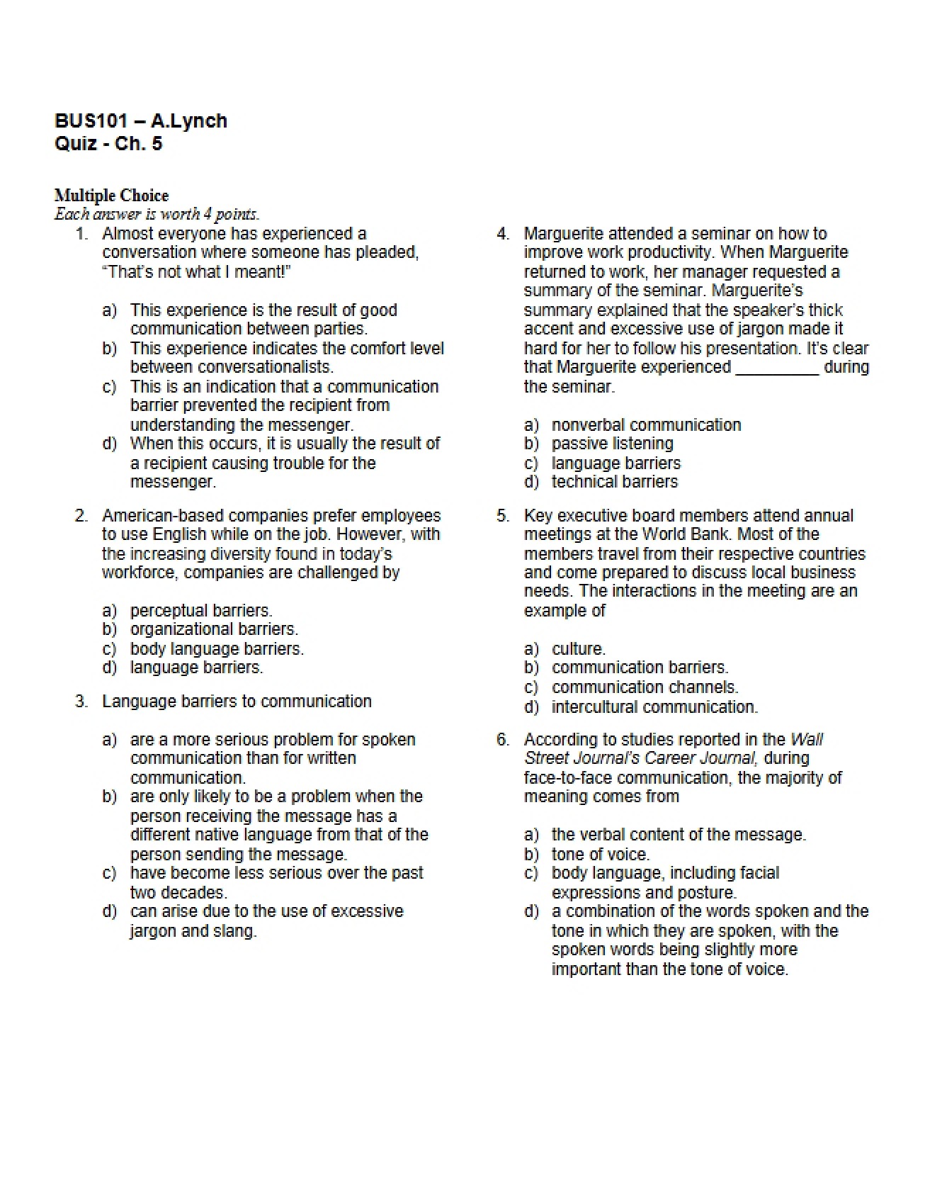 Quiz on Chapter Five (Business 101)