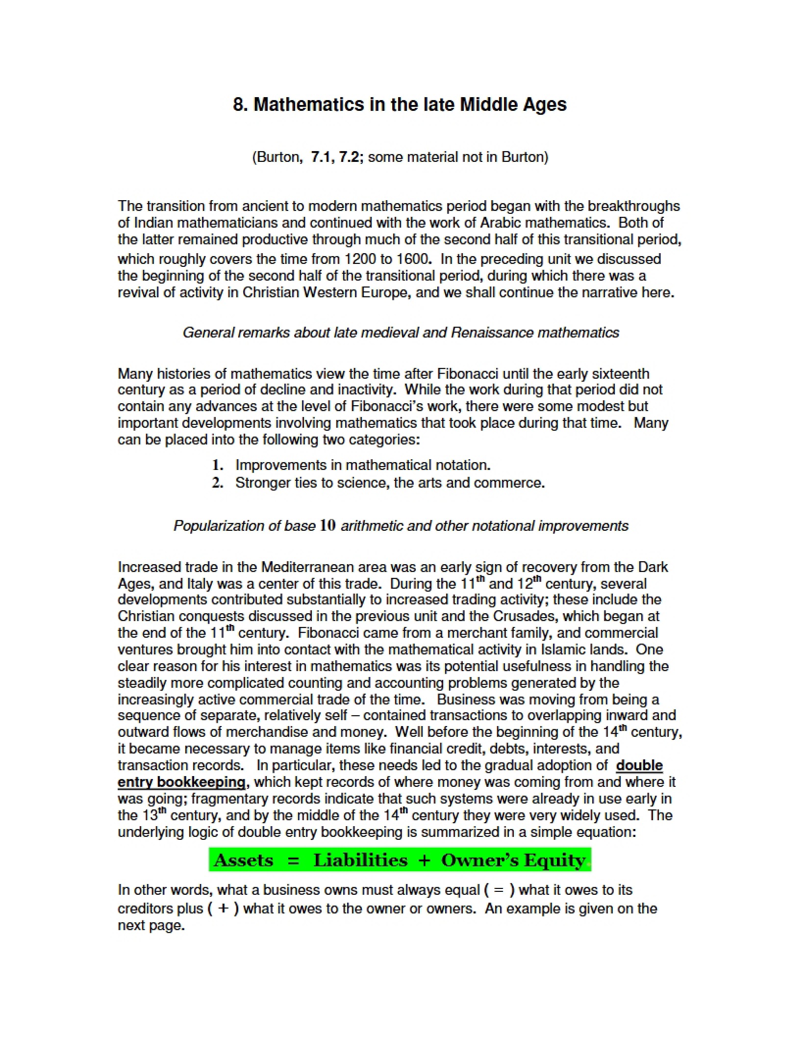 Late Middle Ages Mathematical Developments