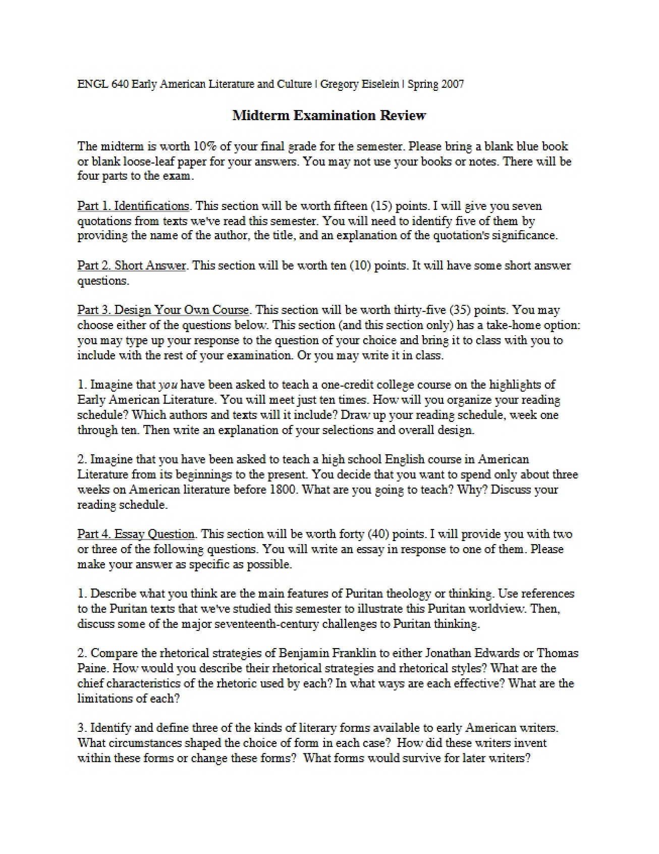 Midterm Examination Review for a Course on Early American Literature