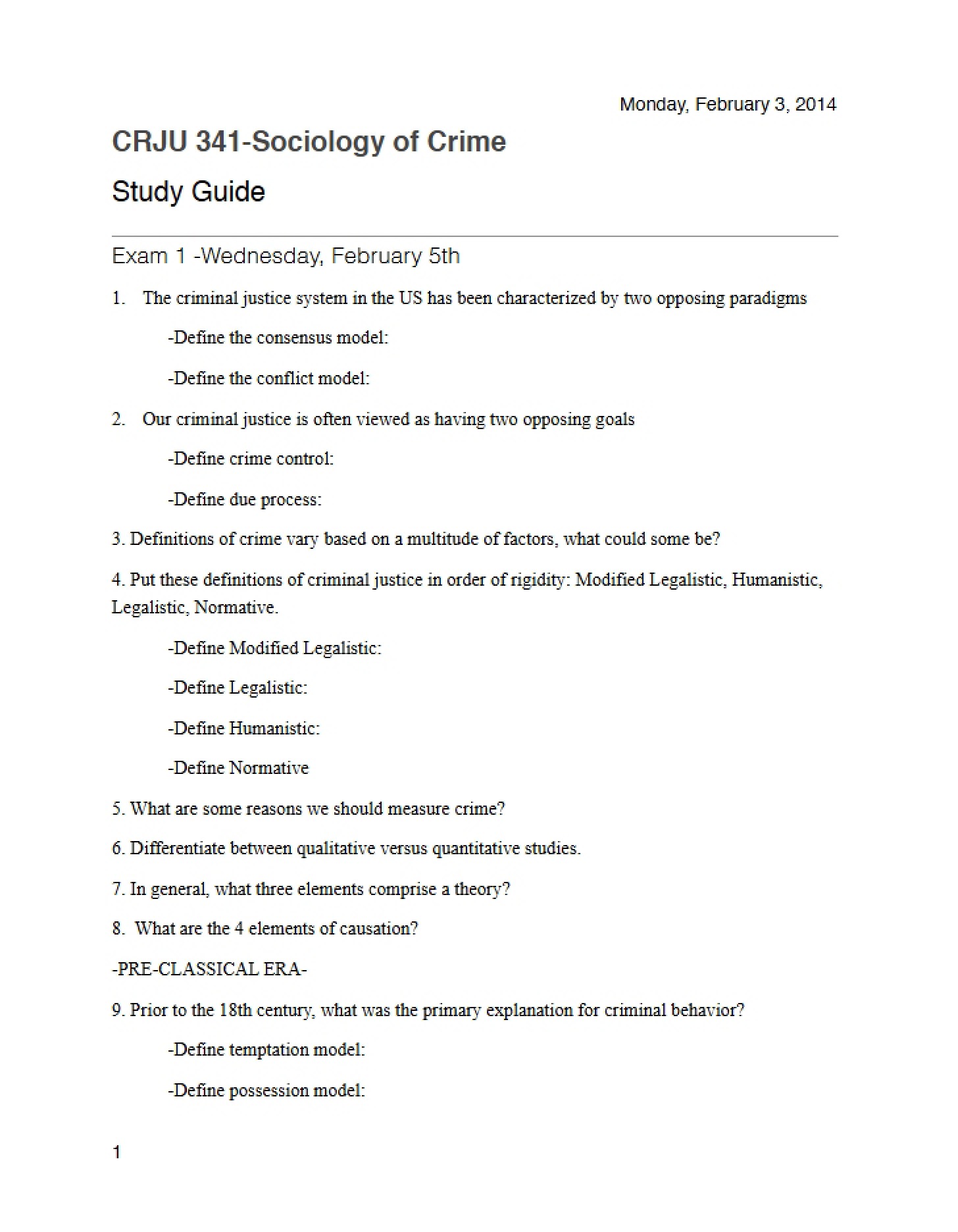 Study Guide for Exam 1