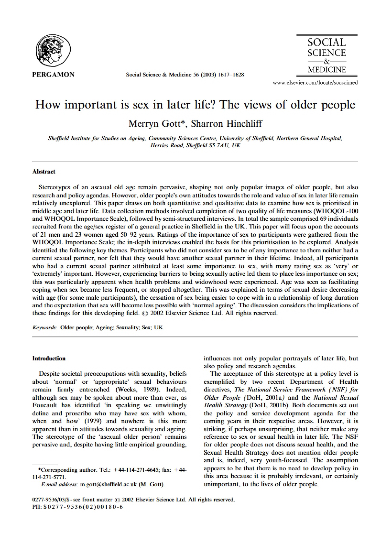Older People's Views on Importance of Sex in Later Life