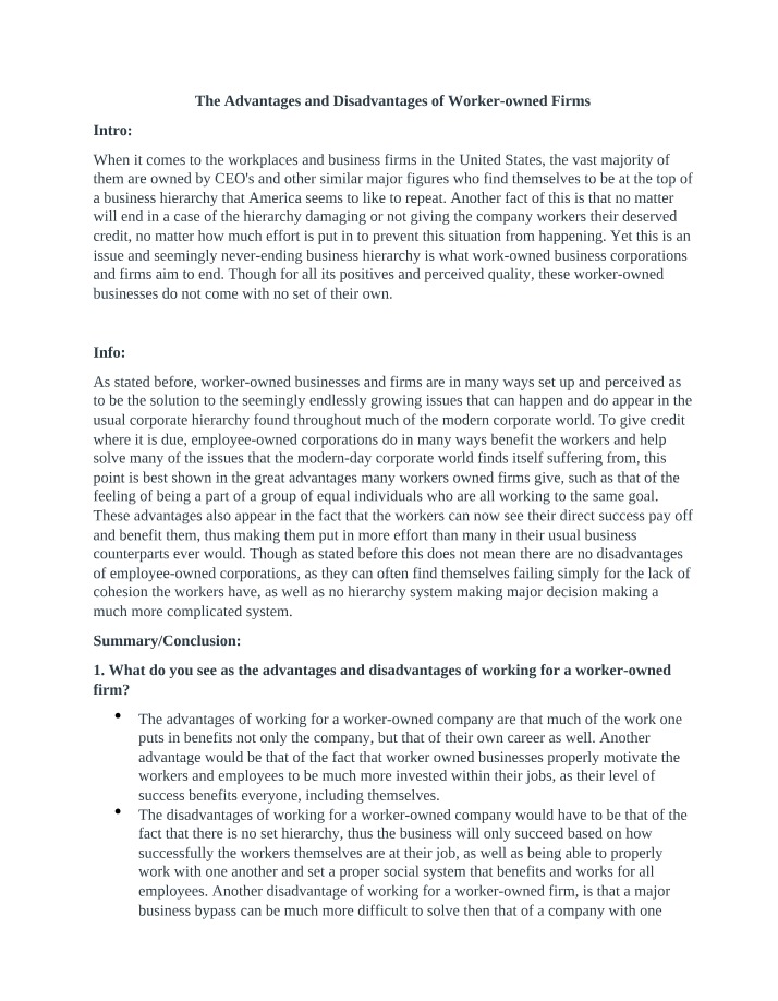 Worker-owned Firms - Pros and Cons