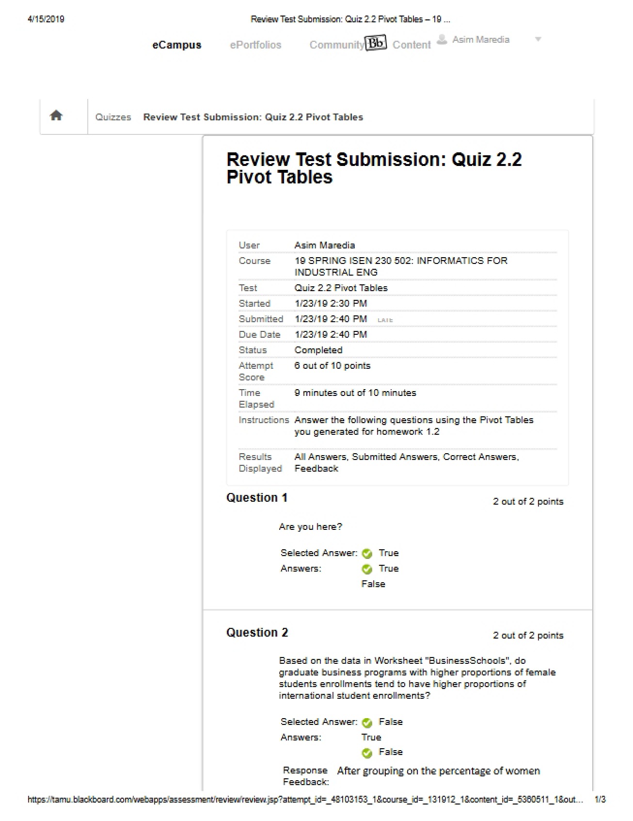 Informatics Quiz 2.2 Pivot Tables