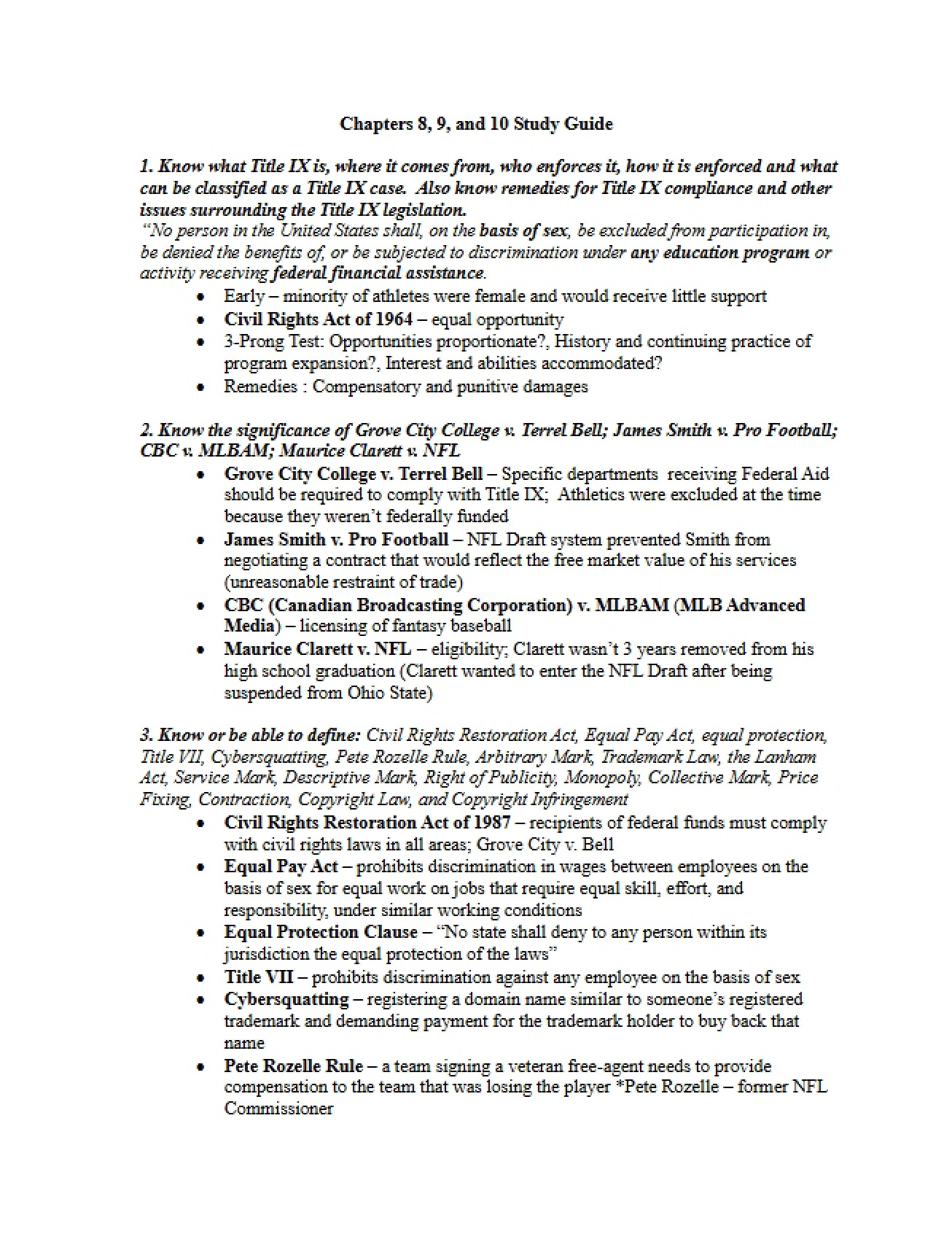 Study Guide for Chapters 8, 9, and 10