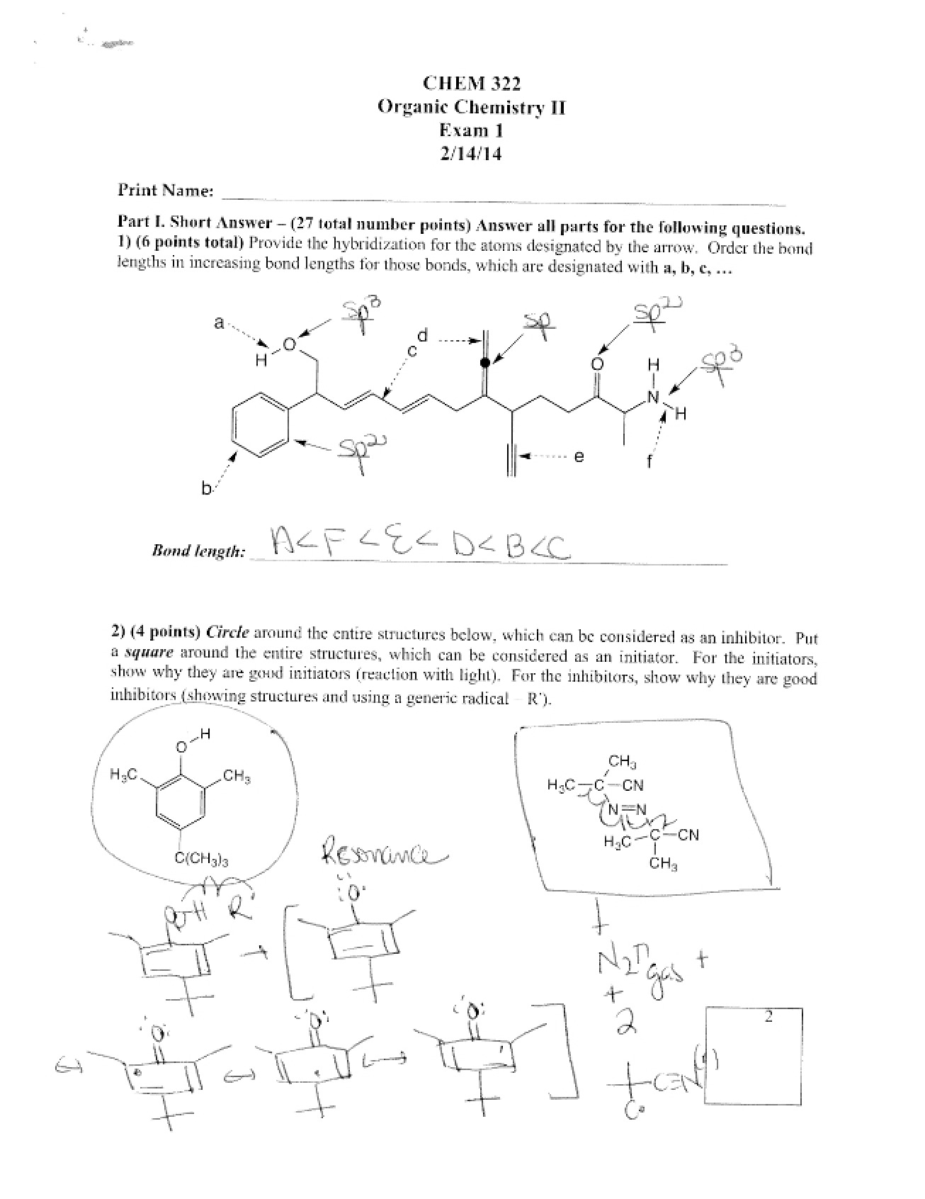 Organic Chemistry II - Exam 1 Solutions (2014)