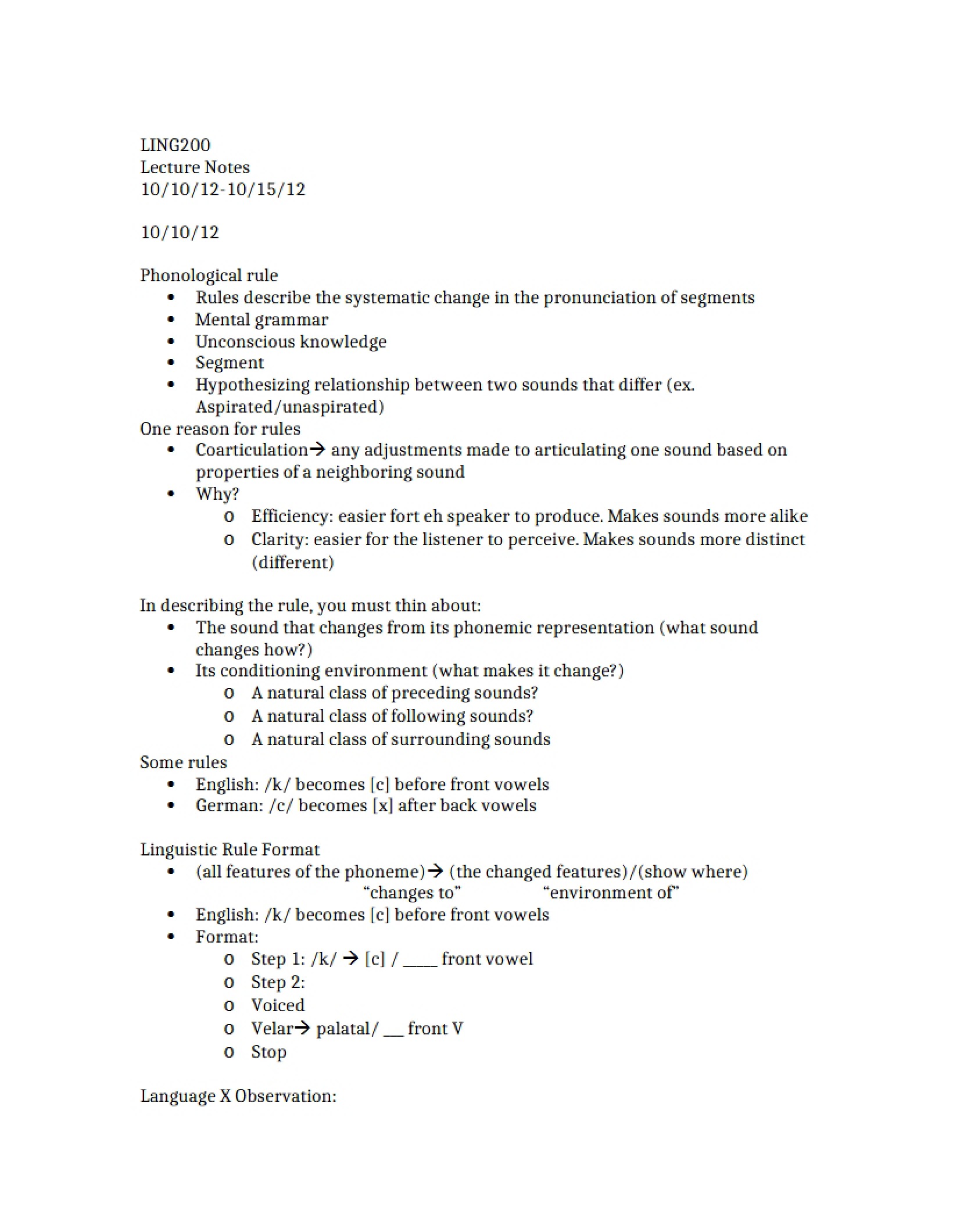 Notes from Linguistics Lectures