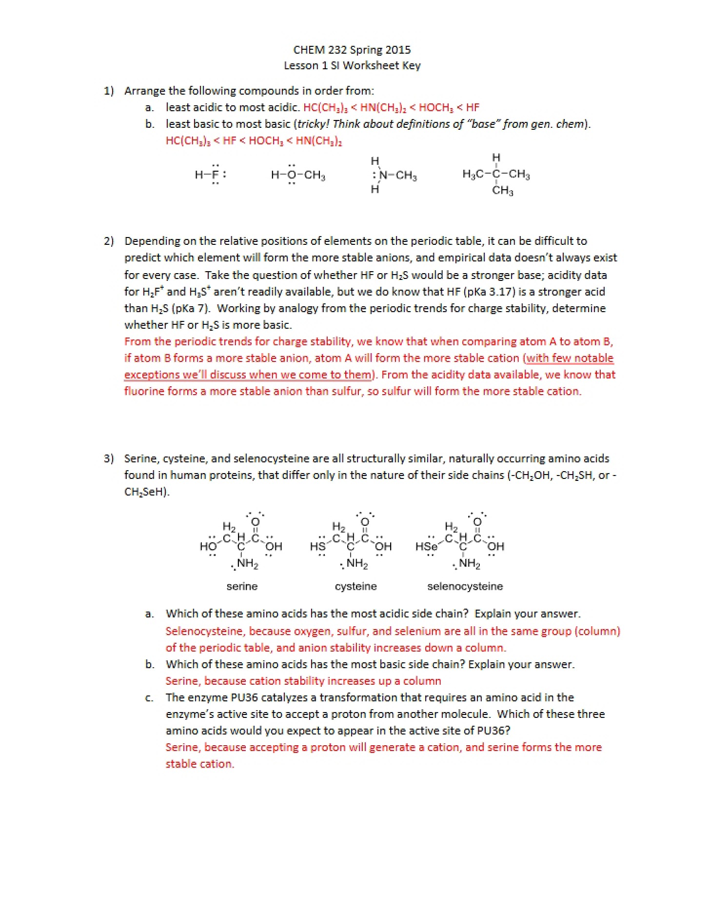 Key for SI Worksheet One