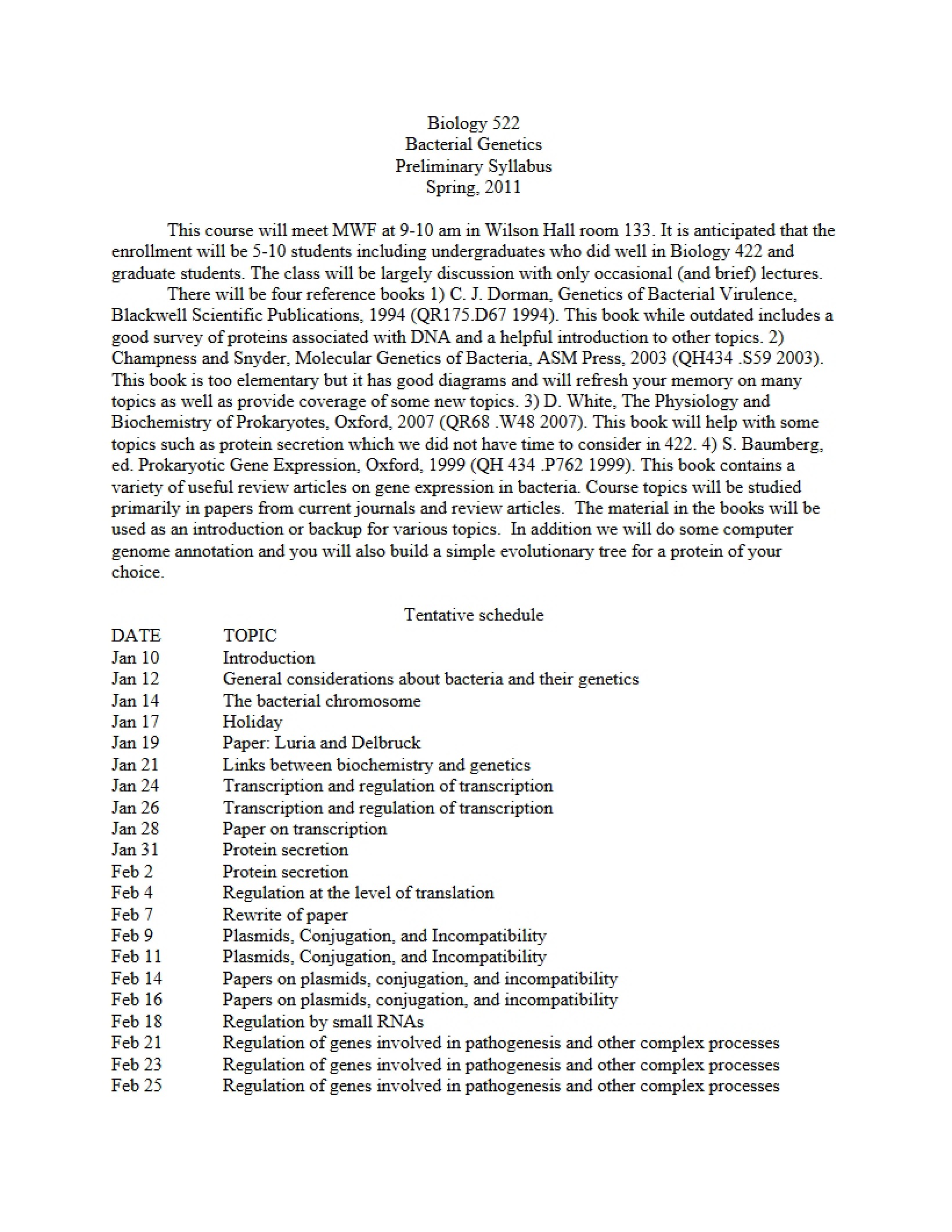 Course Syllabus Bacterial Genetics