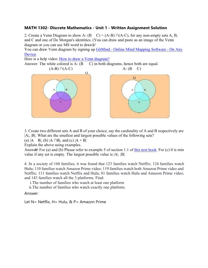 Written Assignment Solution for MATH1302 Discrete Mathematics Unit 1
