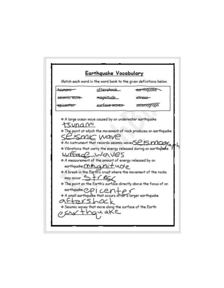 Worksheet on Earthquake Vocabulary
