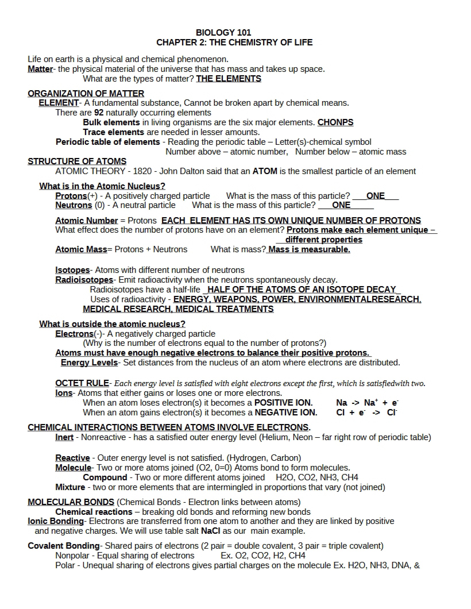 Life Chemistry Chapter 2