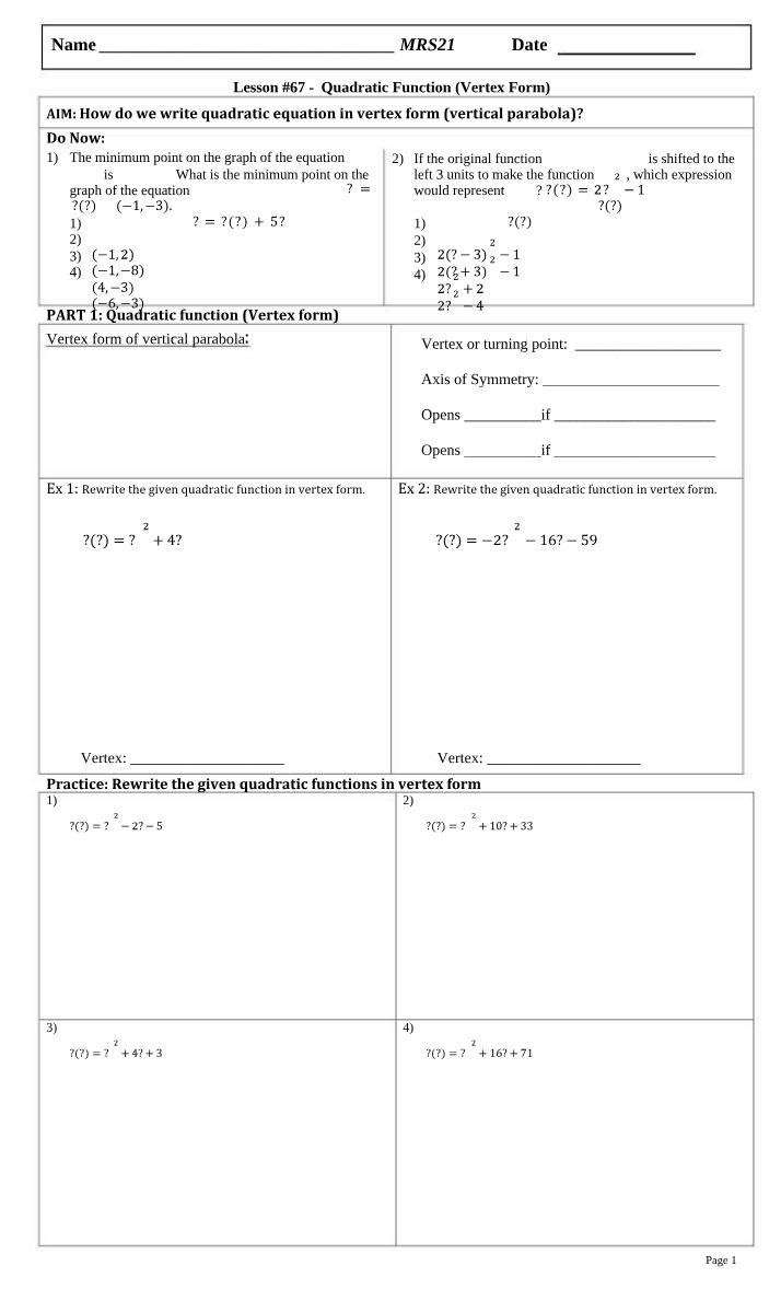 Writing and Rewriting Quadratic Functions (Vertex Form)