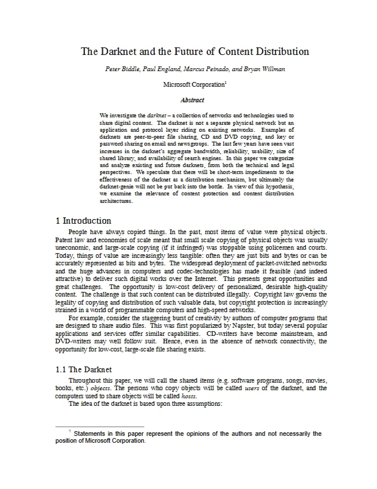 Content Distribution Future and Darknet I